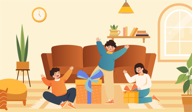 在客厅拆礼物的小朋友插画