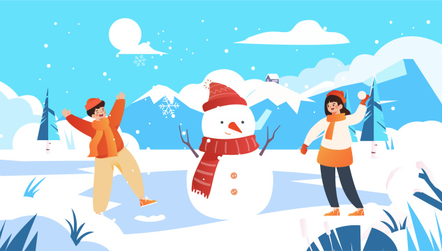 小孩冬日打雪仗插画