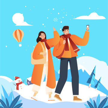 情侣冬日旅游插画