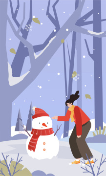 冬天女孩堆雪人插画