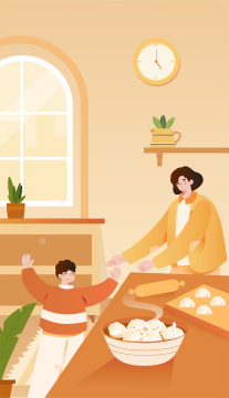 母子做饺子插画