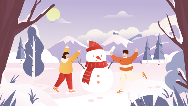 小孩立冬堆雪人插画