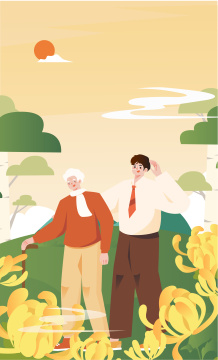 父子赏菊花插画