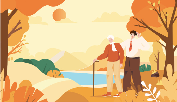 重阳带着老人旅游插画