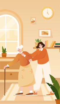 女儿照顾老人插画