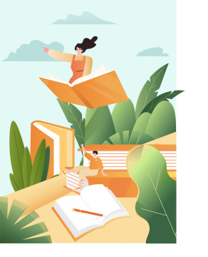 女孩坐着书飞翔的插画