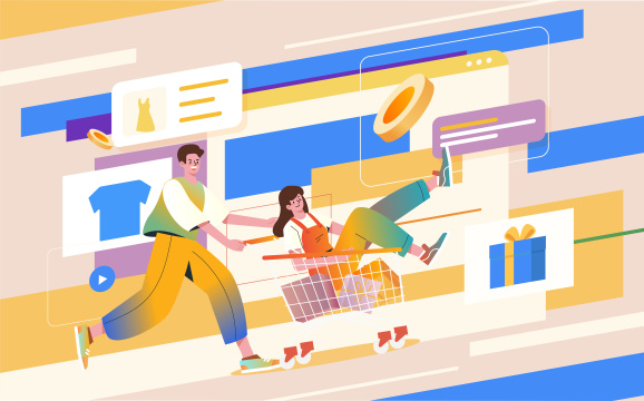 情侣网上冲浪购物插画