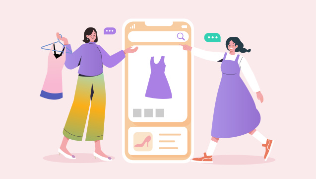 两个女人在手机上试穿衣服插画