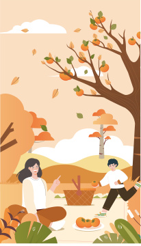 秋季一对母子野餐插画竖版