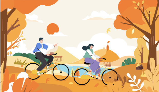 秋天情侣骑车旅游插画