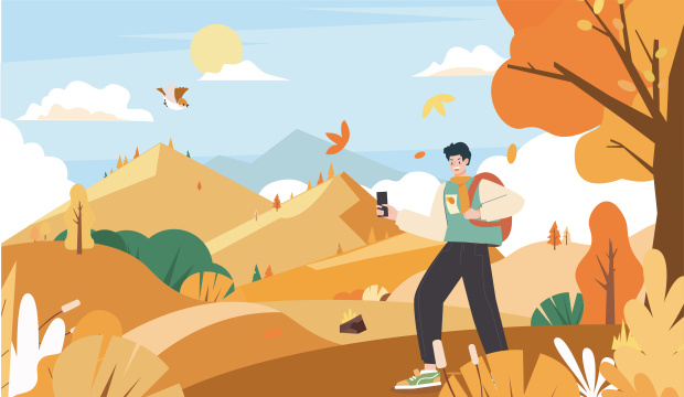 旅游男孩用手机拍风景