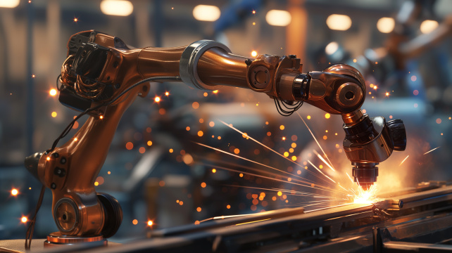 机器人焊接一块金属空气中火花四射