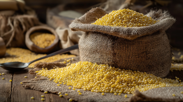 一袋黄玉米放在一张木桌上旁边还有一把勺子