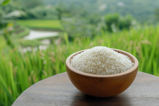 一碗米饭放在桌子上前面是一片草地