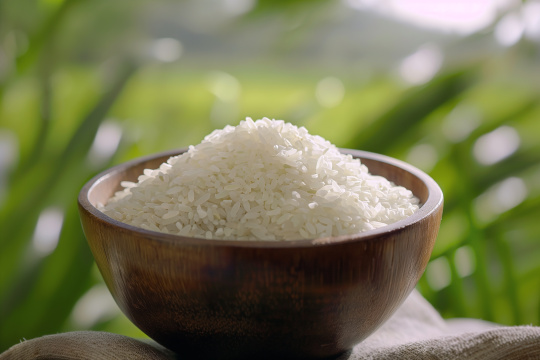 桌上放着一碗米饭旁边是一块布