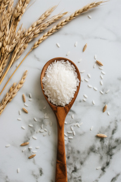 大理石台面上放着一把盛满米饭的木勺旁边是