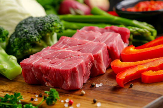 切菜板上放着生肉和蔬菜包括西兰花胡萝卜