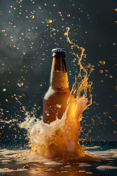 黑色背景上一瓶啤酒被泼上水