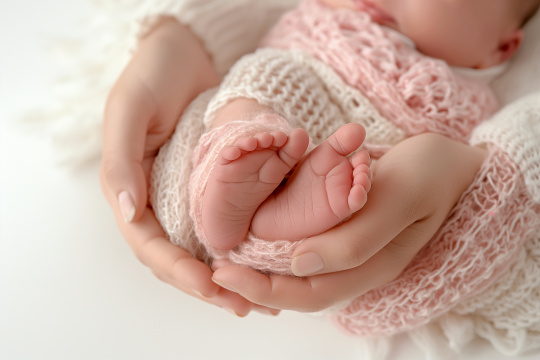 婴儿用粉色针织包装纸握住母亲的手并将其握