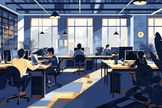 一群人在办公室环境中的办公桌前工作上面有