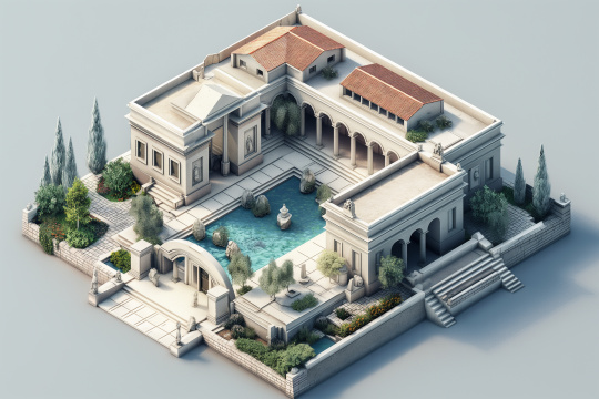 一栋大房子中间有一个游泳池和一个喷泉