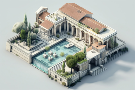 一栋很大的房子中间有一个游泳池和一个喷泉