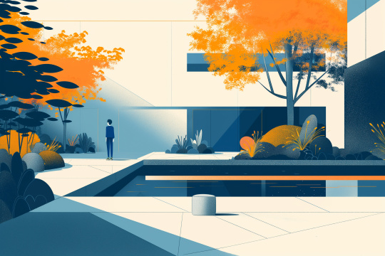 一个男人站在院子里旁边有一棵树和一个水池