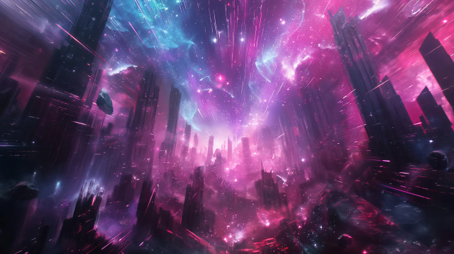 一座未来的城市天空中有很多灯光和星星