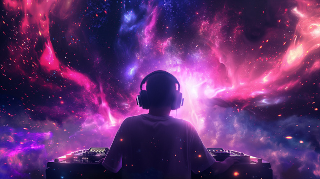 一个人戴着耳机在色彩缤纷的背景前