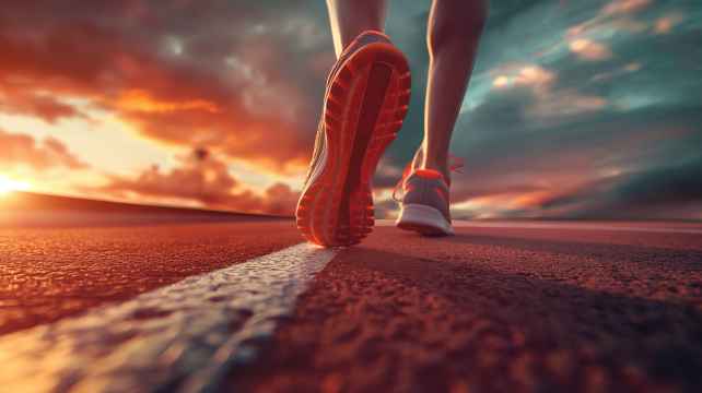 一个人在路上奔跑背景是夕阳