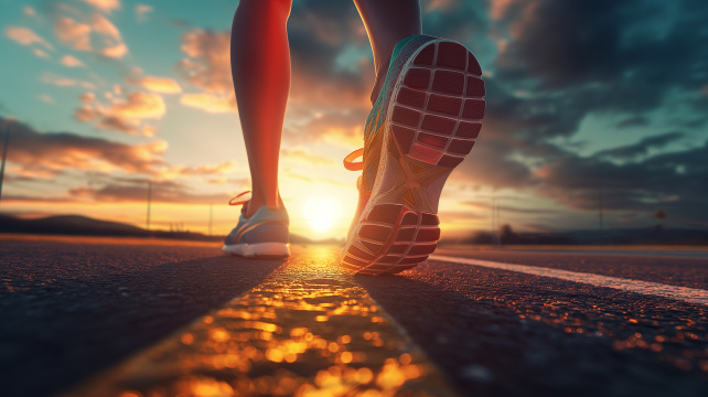 一个人走在路上身后是夕阳