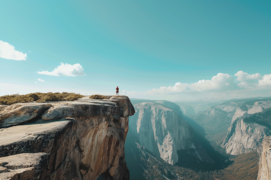 一个人站在悬崖边俯瞰山谷和山脉