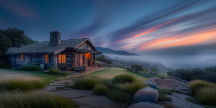 一间带门廊的小屋门廊俯瞰黄昏时的群山