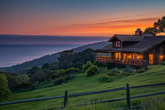一座山上的房子背景是日落