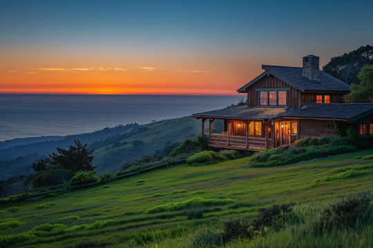 一座山上的房子背景是日落