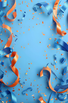 蓝色背景上面有橙色和蓝色的彩带和五彩纸屑