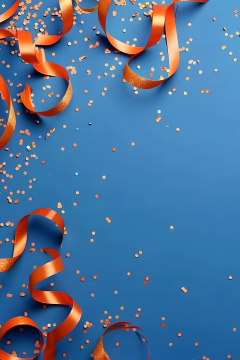 蓝色背景上面有橙色丝带和五彩纸屑 蓝色背景