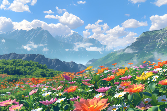 一幅山脉的画作前景是鲜花