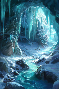 雪景中的一条冰冻小溪岩石上有冰层和冰柱