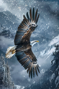 一只秃鹰飞越白雪皑皑的山脉背景中有树木和