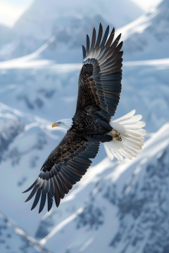 一只白头鹰在雪地里飞过山脉双翼张开