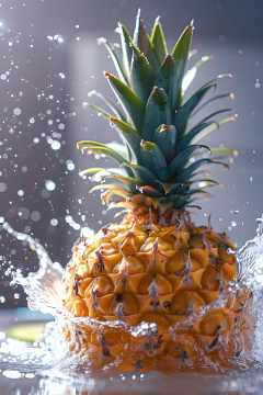 菠萝溅入桌面上的水池中背景模糊