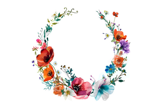 白色背景上由花朵和树叶制成的花环中间有文