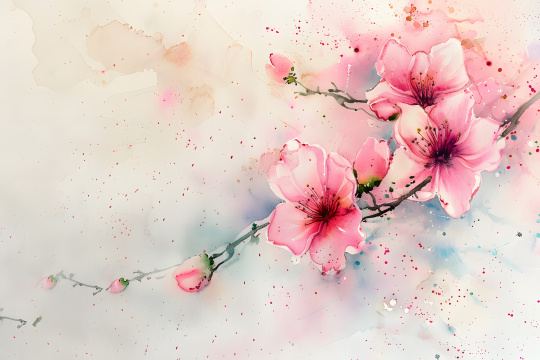 白色背景上的粉红色花朵画纸上有水彩飞溅和