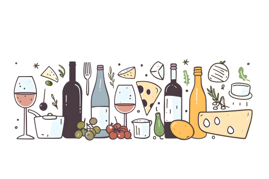 这幅插图展示了一排酒瓶奶酪和其他食物 插