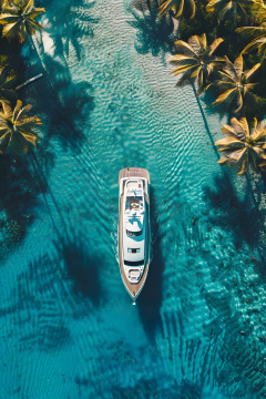 一艘船漂浮在棕榈树附近的水中海滩区附近有