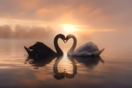 当太阳在雾蒙蒙的天空中落下时两只天鹅在水