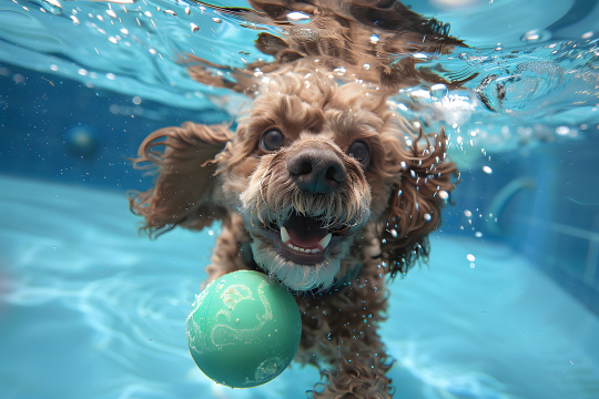 一只狗在泳池里游泳嘴里叼着一个球