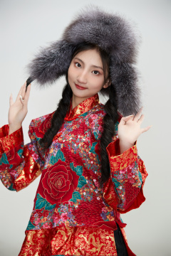 白色背景下穿中国传统服饰头戴绒帽的少女