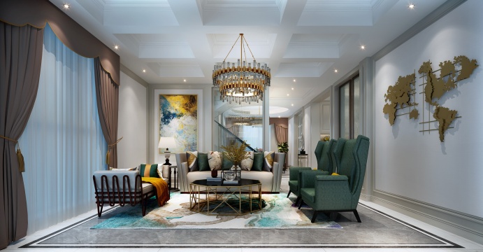 室内设计客厅-豪华美丽的新家，室内装饰优雅，有白色的明亮灯光，家具齐全，包括沙发、桌子、椅子等，营造出舒适的居住氛围，可欣赏豪华住宅的客厅，餐厅！